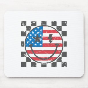 Happy 4th Of July Groovy Smile Face Red White Blue Mouse Mat