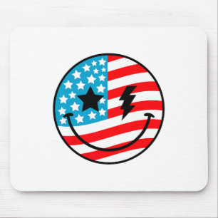 Happy 4th Of July Groovy Smile Face Red White Blue Mouse Mat