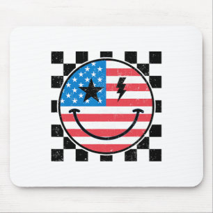 Happy 4th Of July Groovy Smile Face Red White Blue Mouse Mat