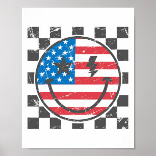 Happy 4th Of July Groovy Smile Face Red White Blue Poster