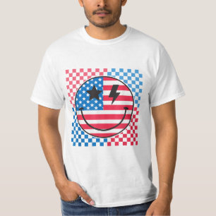 Happy 4th Of July Groovy Smile Face Red White Blue T-Shirt