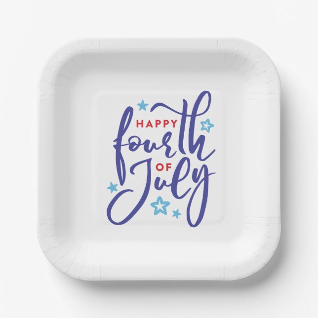 Happy 4th of July hand-created script w/stars Paper Plate (Front)