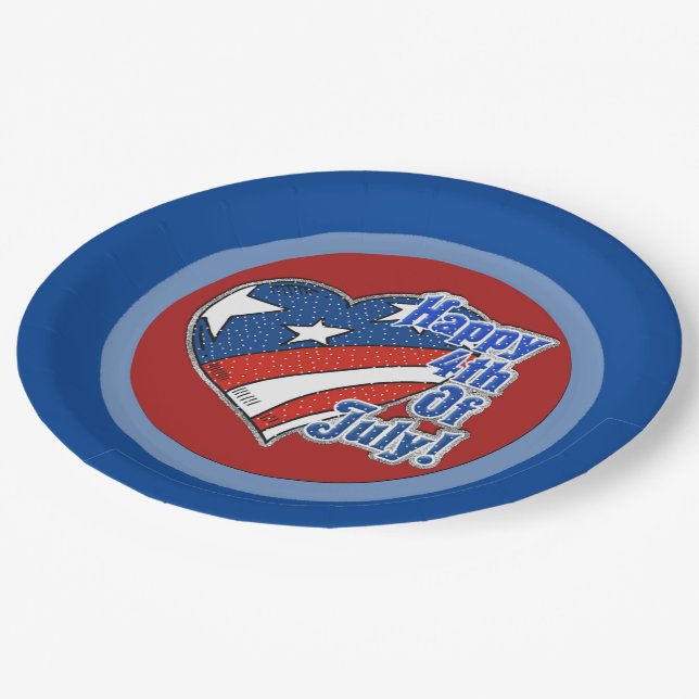 Happy 4th Of July Heart Paper Plates (Angled)