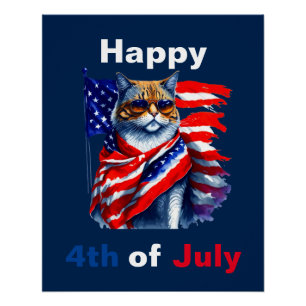 Happy 4th of July Patriotic cat American Flag Poster