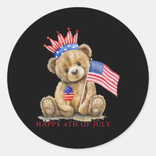 Happy 4th Of July Patriotic Cute Bear Women Girls  Classic Round Sticker