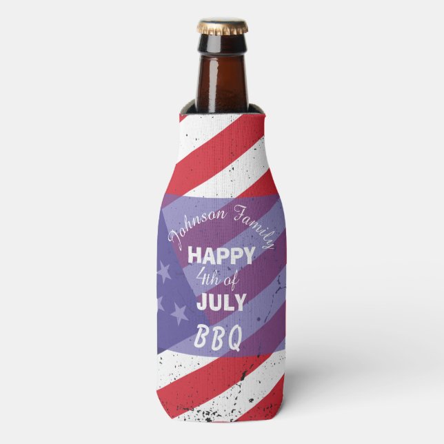 Happy 4th of July Patriotic Family BBQ Bottle Cooler (Bottle Front)