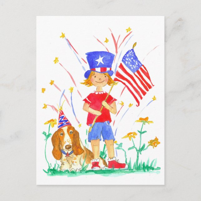 Happy 4th of July Patriotic Girl Hound Dog Postcard (Front)