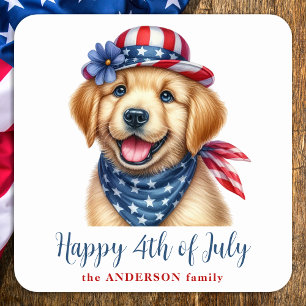 Happy 4th of July Patriotic Puppy Golden Retriever Square Sticker