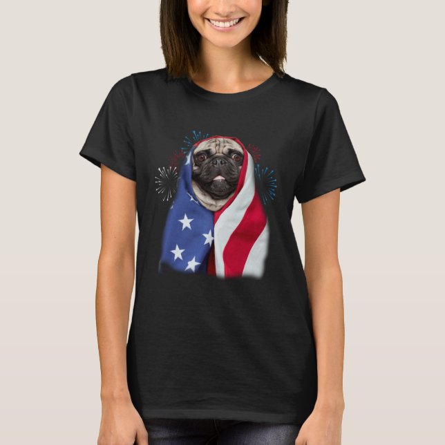 Happy 4th Of July Pug Wearing American Flag Pride T-Shirt (Front)