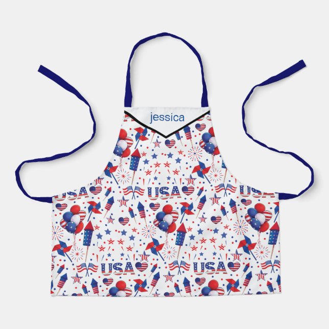 Happy 4th of July Red Blue Cute Party  Apron (Front)