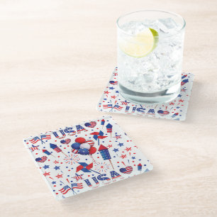 Happy 4th of July Red Blue Cute Party  Glass Coaster