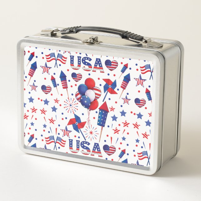 Happy 4th of July Red Blue Cute Party  Metal Lunch Box (Front)