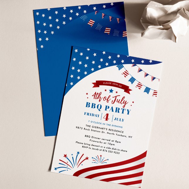 Happy 4th of July Red White and Blue BBQ Party Invitation (July 4th Independence Day Family Cookout BBQ Party Invitation)