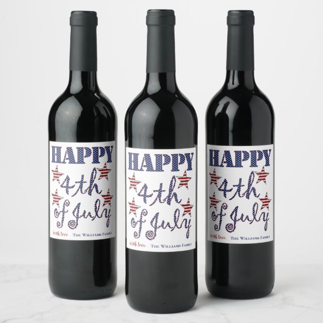 Happy 4th of July Stars and Stripes Typography Wine Label (Bottles)