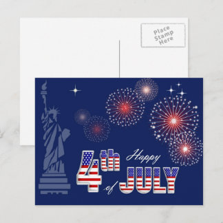 Happy 4th of July. Statue of Liberty and Fireworks Postcard