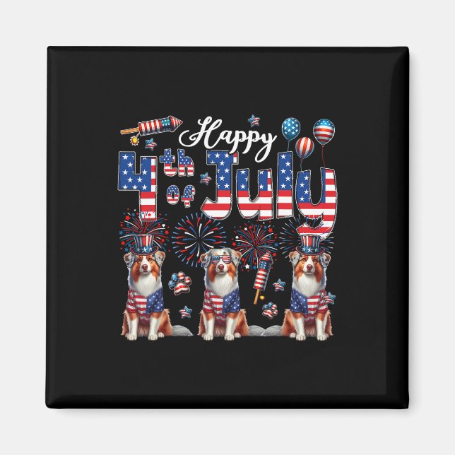 Happy 4th Of July Three Cute Australian Shepherds  Magnet (Front)