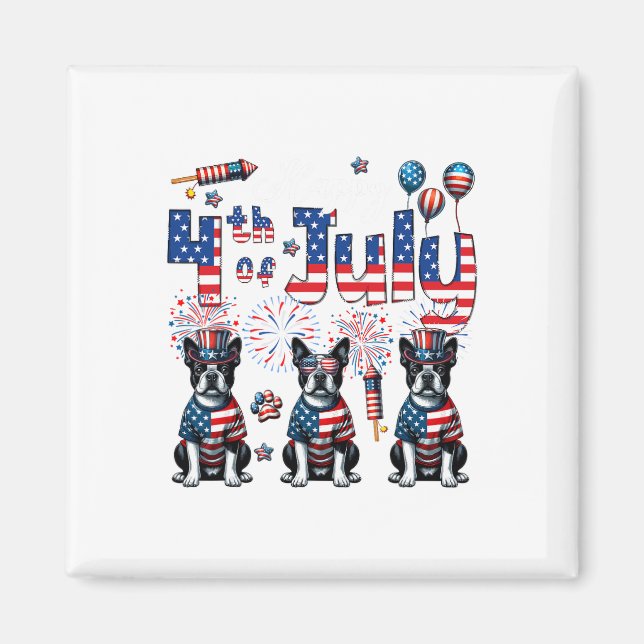 Happy 4th Of July Three Cute Boston Terriers Sungl Magnet (Front)