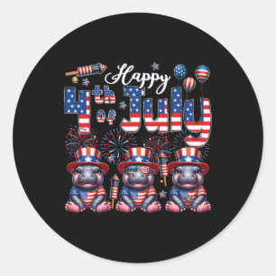 Happy 4th Of July Three Cute Hippos Sungles Flag P Classic Round Sticker