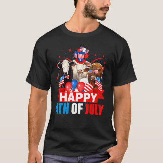 Happy 4th Of July Three Pride American Flag Cow T-Shirt