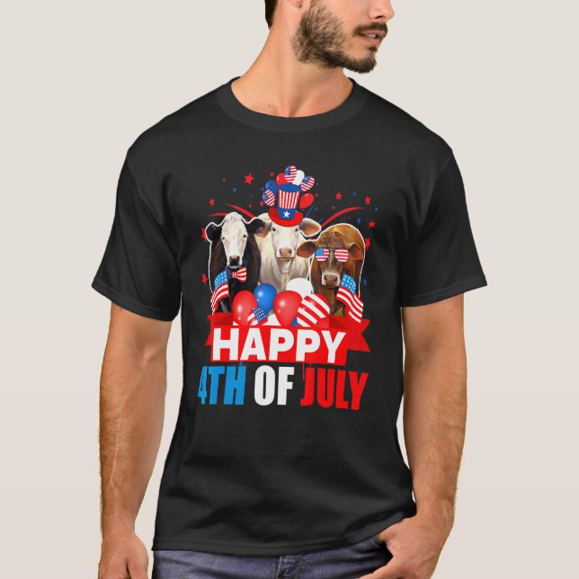 Happy 4th Of July Three Pride American Flag Cow T-Shirt (Front)