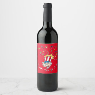 Happy 4th Of July Uncle Sam Fireworks Cartoon Wine Label