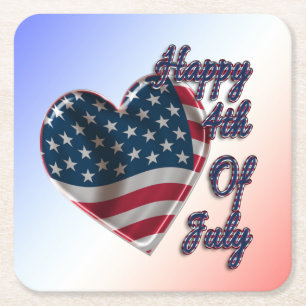 Happy 4th of July USA Flag Heart Square Paper Coaster