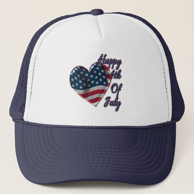Happy 4th of July USA Flag Heart Trucker Hat (Front)