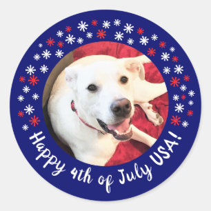 Happy 4th of July USA Funny Smiling Dog Photo Classic Round Sticker