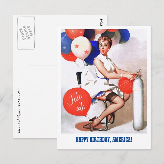 Happy 4th of July. Vintage Pin-up  Postcard (Front/Back)