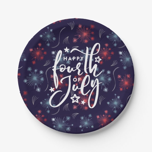 Happy 4th of July w/ Red, Blue & Silver fireworks  Paper Plate (Front)