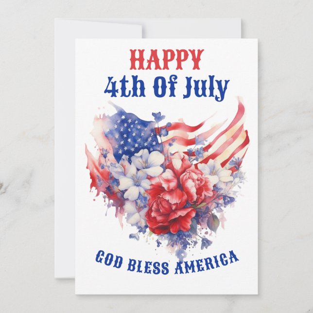 Happy 4th of July watercolor Blue Red Holiday Card (Front)