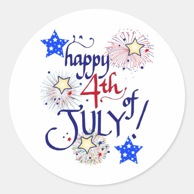 Happy 4th of July! with fireworks and stars Classic Round Sticker (Front)
