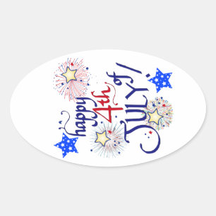 Happy 4th of July! with fireworks and stars Oval S Sticker