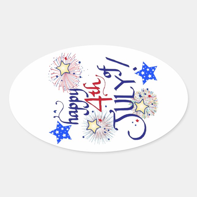 Happy 4th of July! with fireworks and stars Oval Sticker (Front)