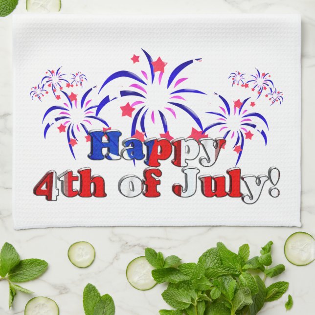 Happy 4th of July with Fireworks Tea Towel (Folded)