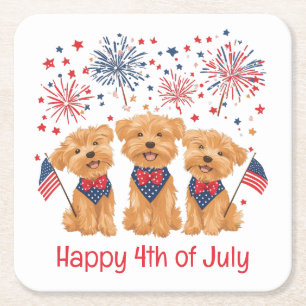 Happy 4th Of July Yorkie Dogs Square Paper Coaster
