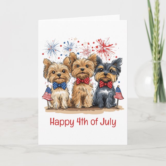 Happy 4th Of July Yorkshire Terrier Dogs Holiday Card (Front)