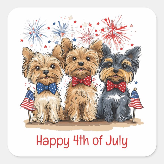 Happy 4th Of July Yorkshire Terrier Dogs Square Sticker (Front)