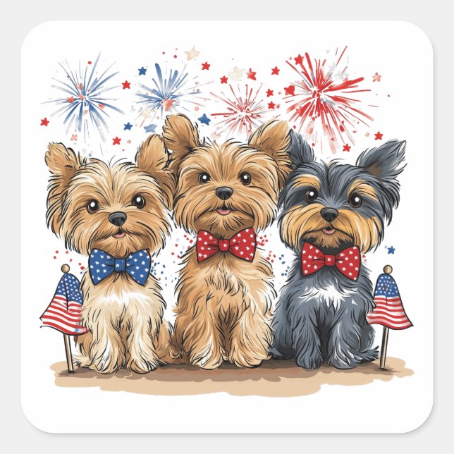 Happy 4th Of July Yorkshire Terrier Dogs Square Sticker (Front)