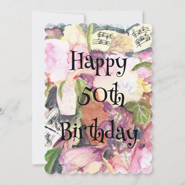 Happy 50 th birthday Watercolor floral music   Invitation (Front)