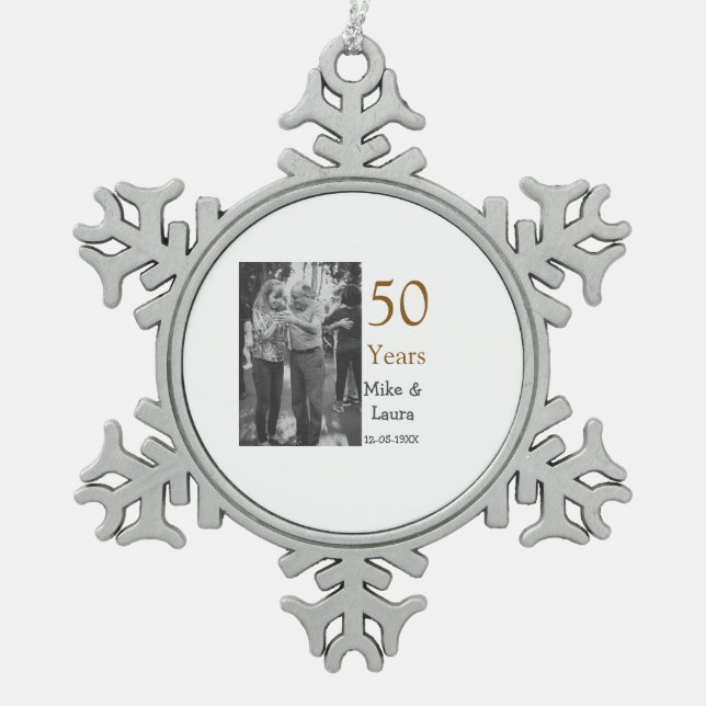 Happy 50th anniversary add couple name date weddin snowflake pewter christmas ornament (Front)