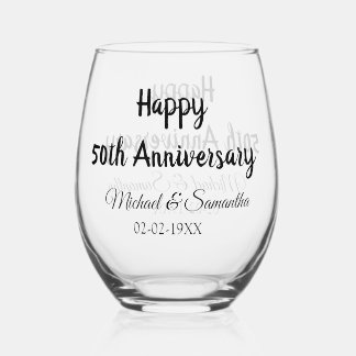 Happy 50th anniversary add couple name date weddin stemless wine glass