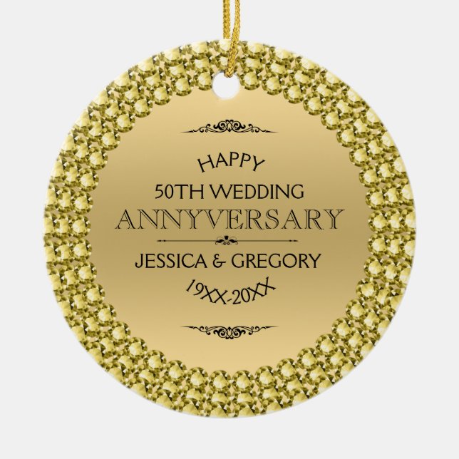 Happy 50th Anniversary Diamonds & Gold Ceramic Tree Decoration (Front)