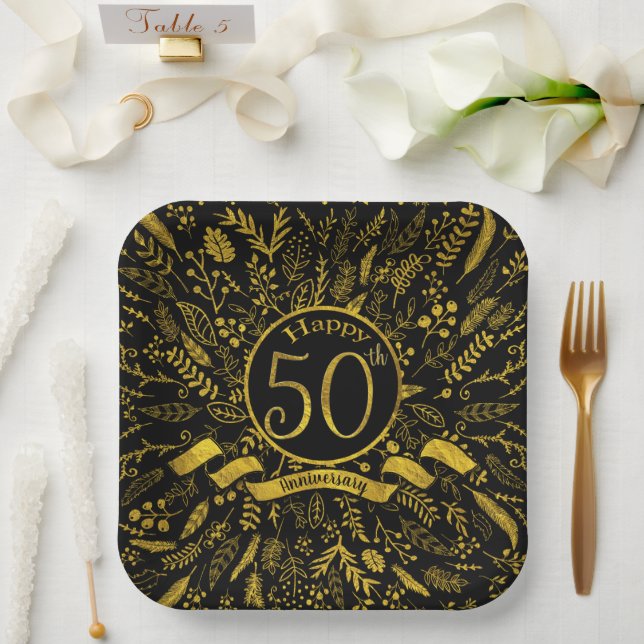 Happy 50th Anniversary Gold Floral Paper Plate (Wedding)