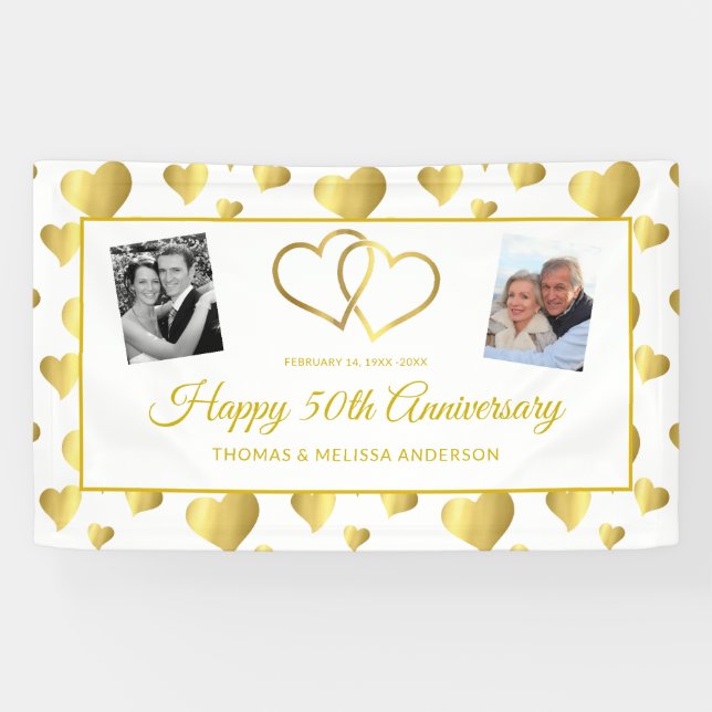 HAPPY 50TH ANNIVERSARY GOLD HEARTS & PHOTOS BANNER (Horizontal)