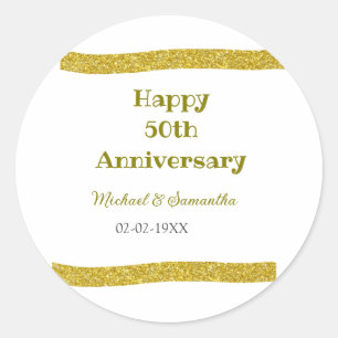Happy 50th anniversary golden glitter border grey classic round sticker