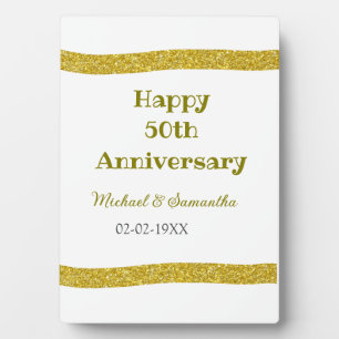 Happy 50th anniversary golden glitter border grey  plaque