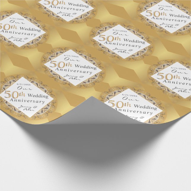 "Happy 50th Anniversary" Matte Gold Color Wrapping Paper (Corner)