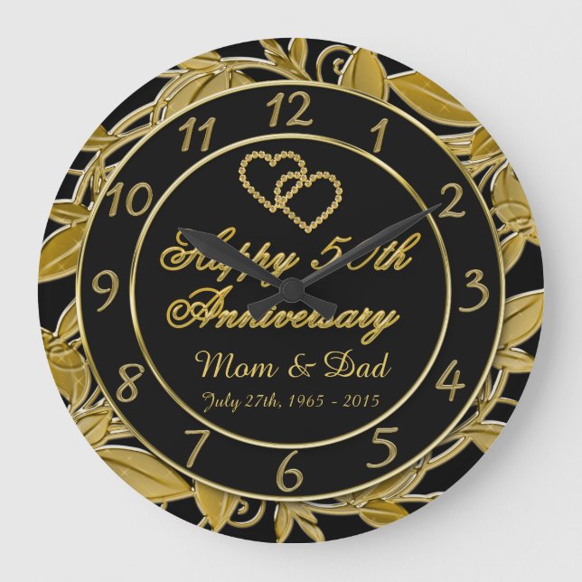 Happy 50th Anniversary Metallic Gold Leaf Numbers Large Clock (Front)