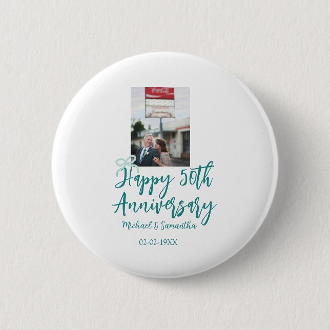 Happy 50th anniversary photo turquoise bow name da 6 cm round badge (Front)